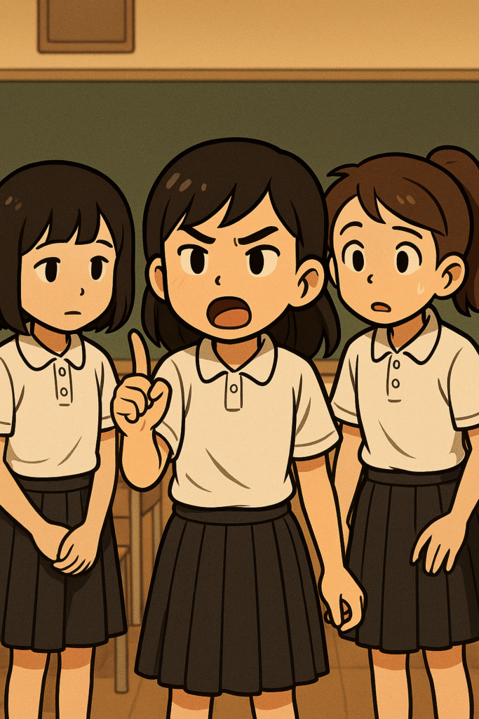 小学校の係活動で、ダンスの選曲をめぐって意見がすれ違う3人の女子児童。中央で強く主張するリーダー格の子、その後ろで控えめに立つ子、そして少し戸惑いながらも意見を言おうとする娘。グループ内の微妙な空気感を表現したシーン。