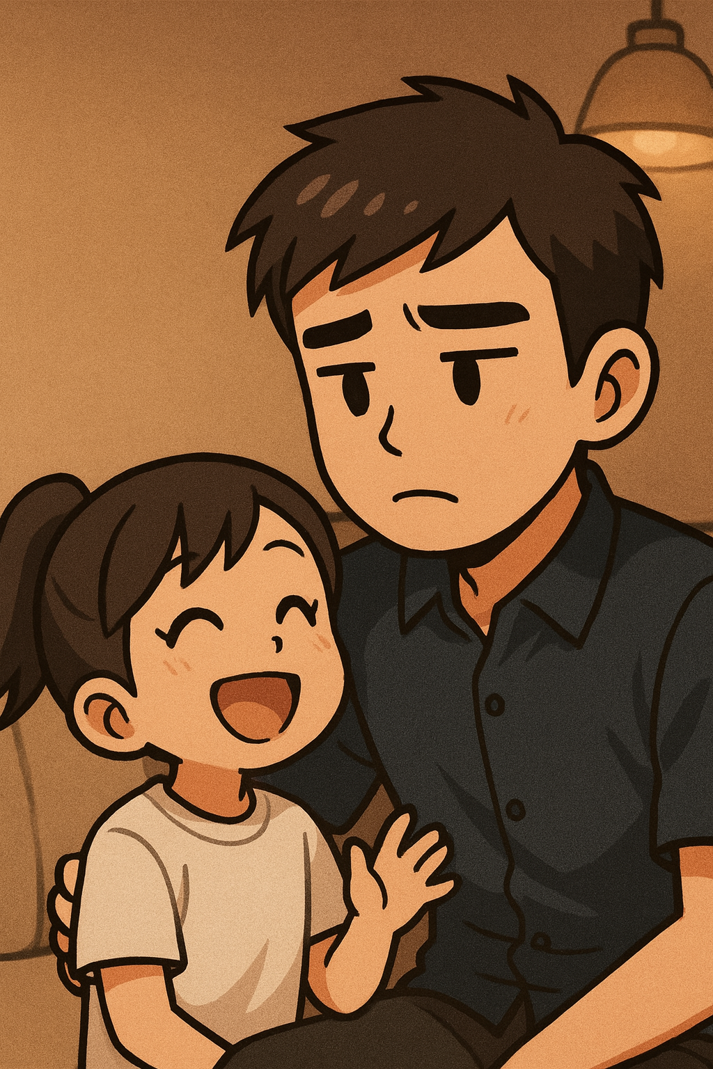 学校で悩みを抱える娘に気づけなかった父親。リビングで明るく振る舞う小学4年生の娘と、それを見つめる若い父親の複雑な表情。娘の笑顔の裏に潜むSOSに気づけず、自分を責める父親の切なさを描いた場面。