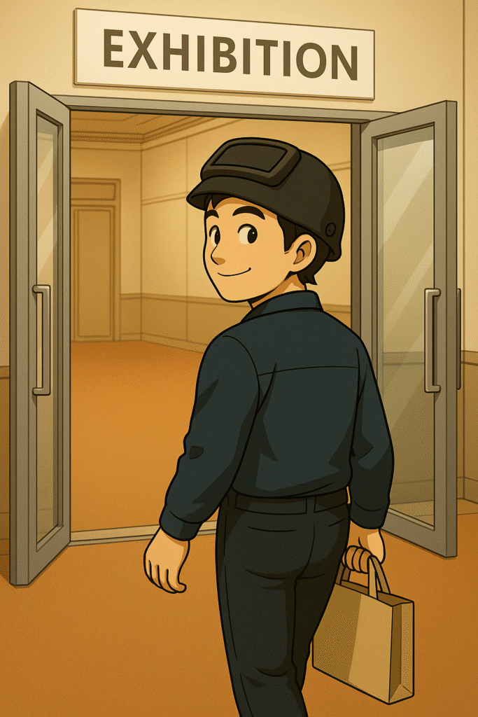 展示会場を出る職人の後ろ姿。手には資料バッグを持ち、どこか充実した表情で会場を振り返る姿。