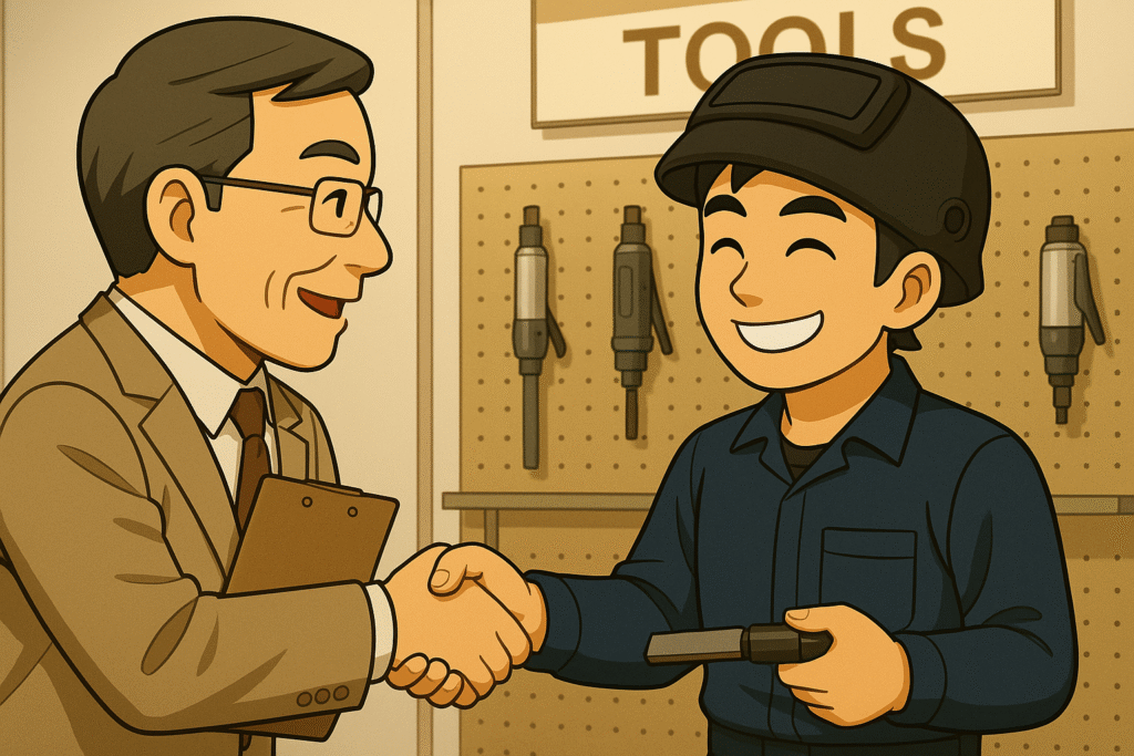 展示会のブースで営業マンと握手を交わす職人。新しい工具の購入を決め、満足げに笑う姿。背景には工具の展示棚が並ぶ。