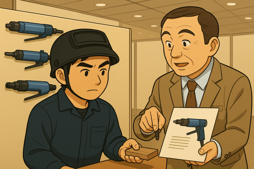 ベテラン営業マンが資料を指しながら、別のエアーツールを説明している。職人がうなずきながら話を聞いており、展示会ならではのリアルなやり取りを表現。