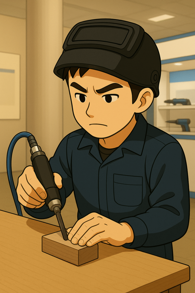 展示会場で職人がエアーツールを使って端材を削っているイラスト。真剣な表情で削り具合を確認し、出力の違いを体感している。