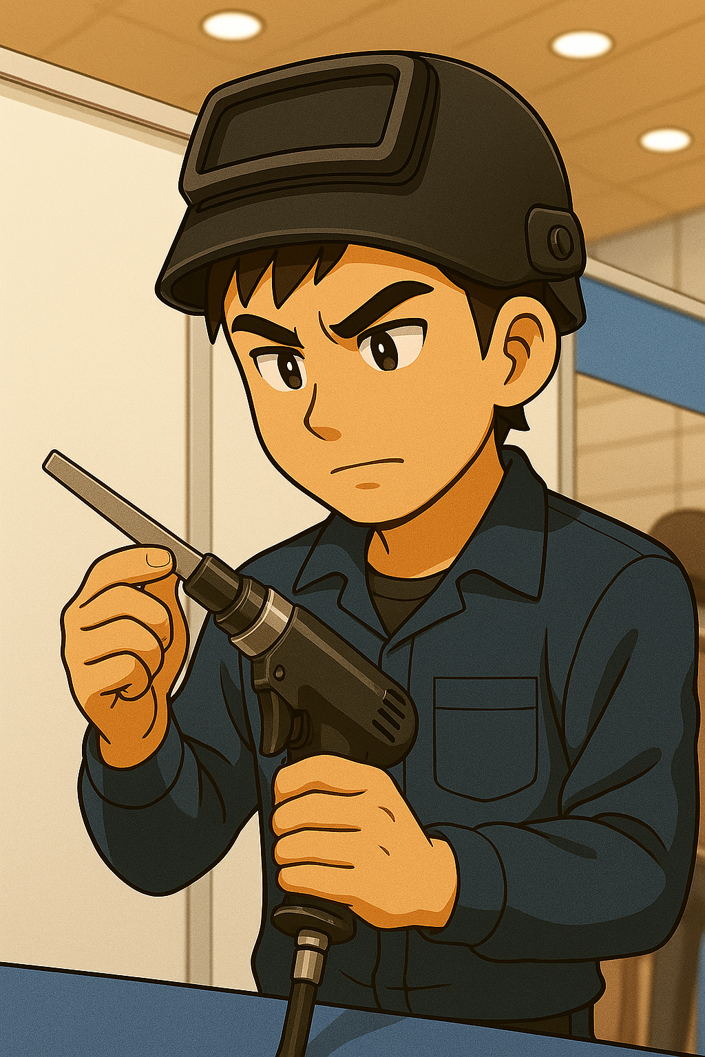 展示会で新しいエアーツールを試す職人。真剣に性能を確認する姿。