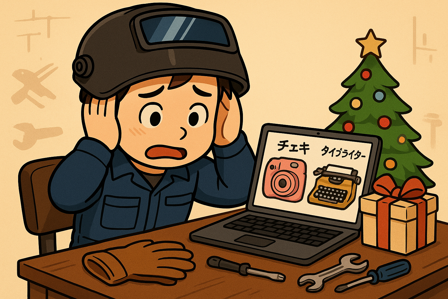 クリスマス目前、溶接マンの父親が娘のプレゼント選びに悩んでいる様子。作業着のままパソコンに向かい、チェキとタイプライター風キーボードの画像を見比べて頭を抱える。背景には小さなクリスマスツリーと工具が並び、仕事と父親業の両立に奮闘する姿をユーモラスに描いた構図。