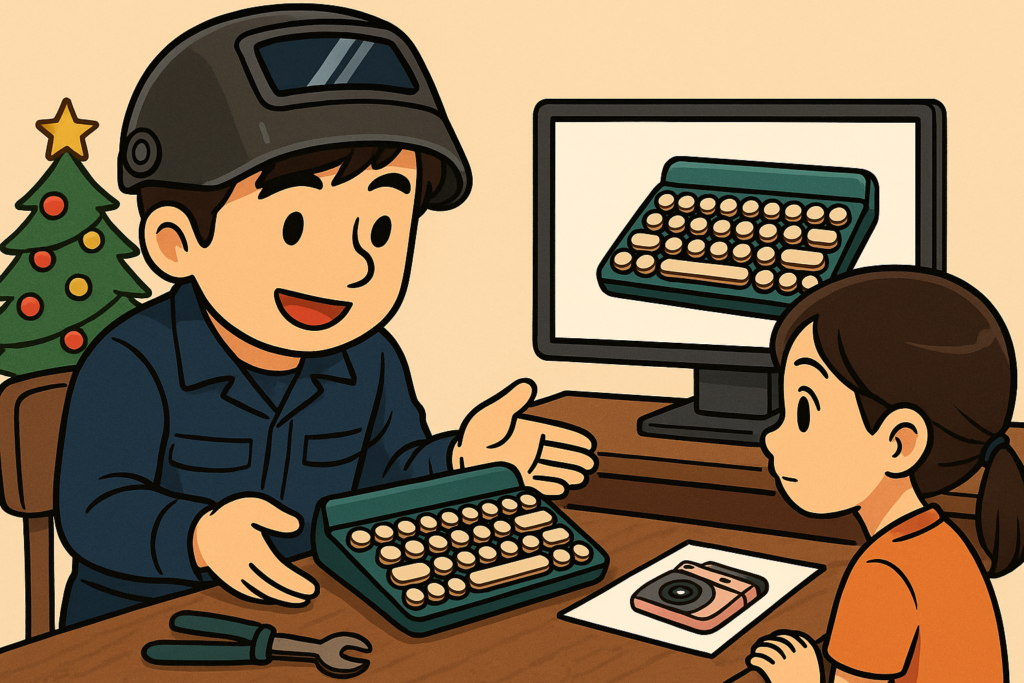 「娘にタイプライター風キーボードを提案する溶接マン父」