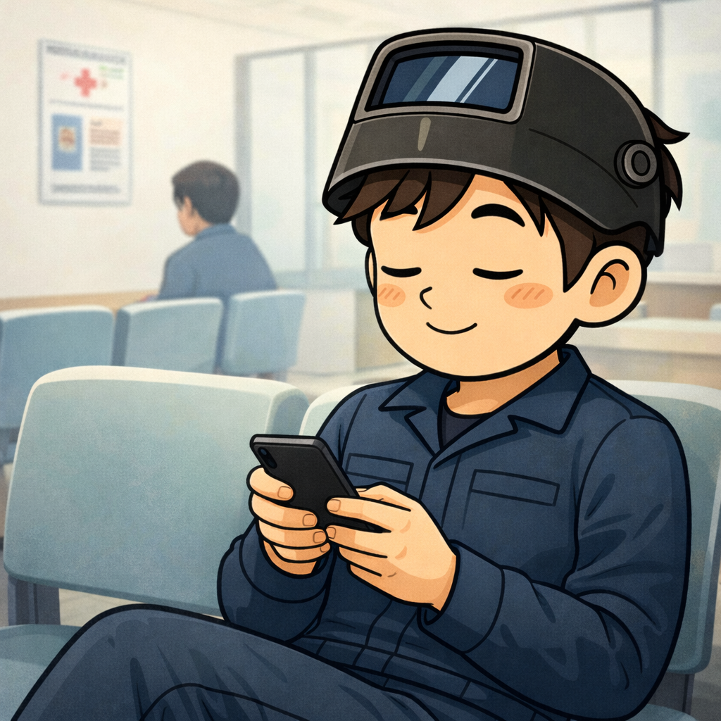 健康診断を受けながら、以前より気持ちに余裕が出てきた溶接マンの様子