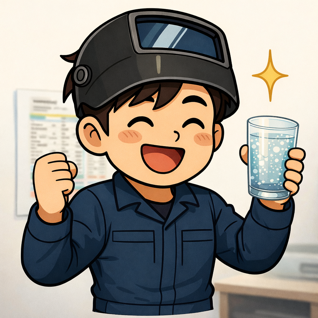 ゆる禁酒を8ヶ月続けた溶接マンが、健康診断の結果に満足しガッツポーズしている