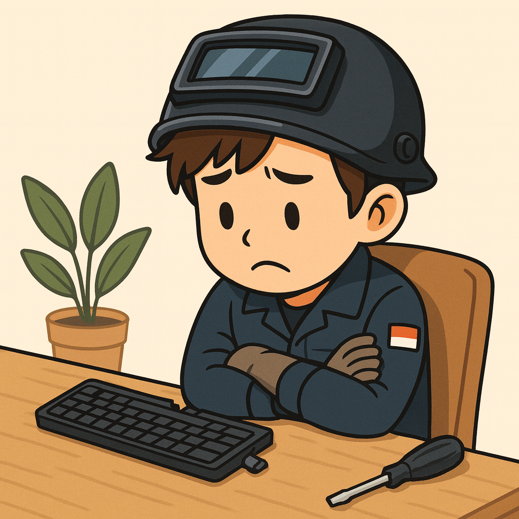 キーボードが壊れて困惑する溶接マン。机の上には故障したキーボードと工具が置かれ、腕組みしながら「どうしたものか」と悩んでいるシーン。生活の一部となったブログ作業の“危機”を象徴した構図。