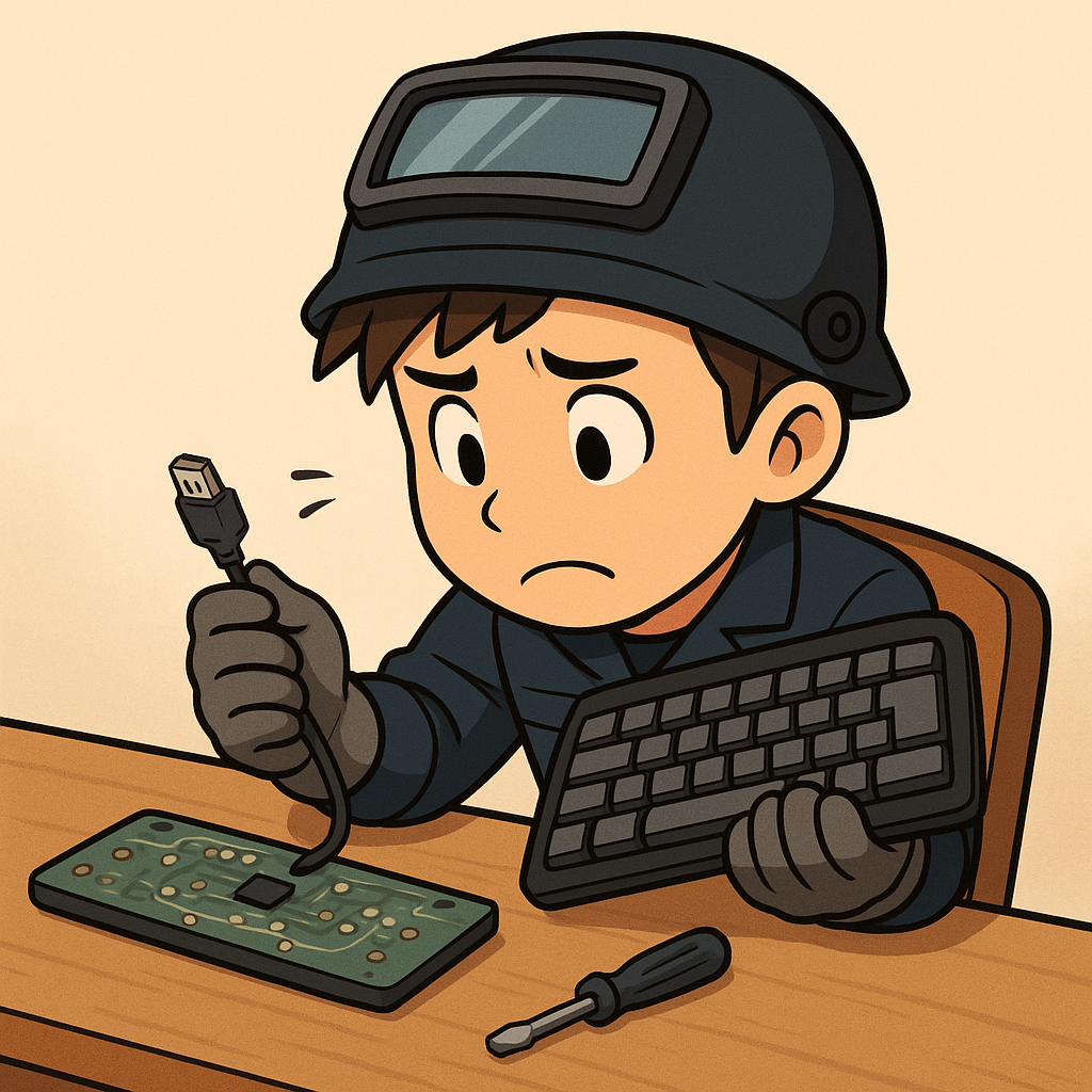 USBを挿したまま落下させてしまい、キーボードを見つめて固まる溶接マン。故障原因に薄々気づきながらも「やってもうた…」と後悔している表情。