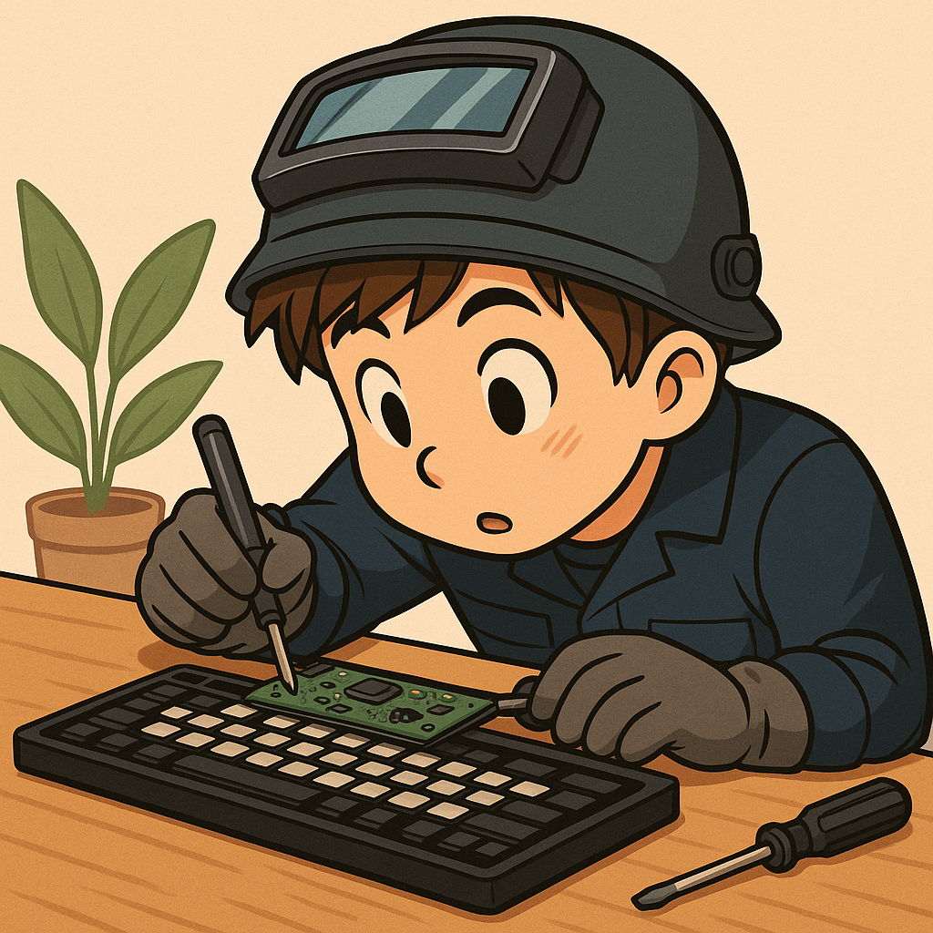 分解したキーボードの基盤を前に、興味津々で覗き込む溶接マン。小さな基盤と工具を前に「これくらいなら直せるやろ」と意気込む姿。