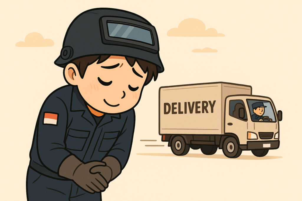 配送トラックを見送りながら、深く頭を下げて感謝を示す溶接マン。申し訳なさと感謝の気持ちが入り混じった穏やかな表情で、運送業者に敬意を払っているシーン。