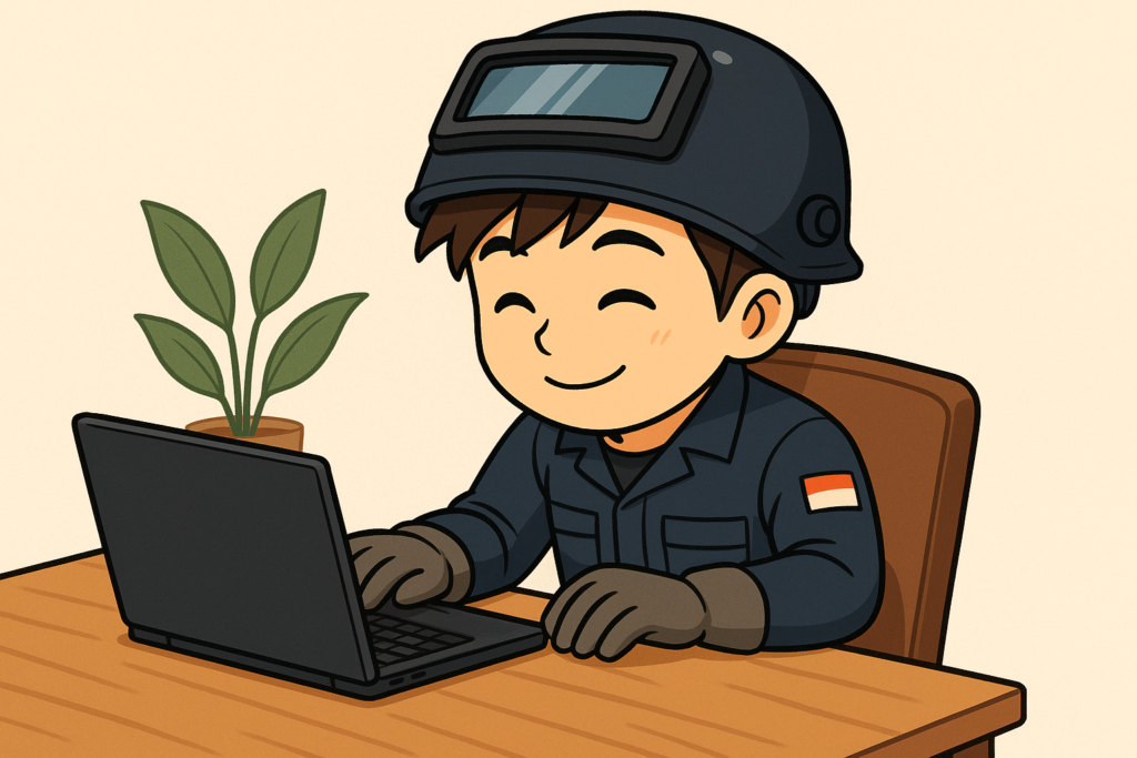 新しいキーボードを手に嬉しそうに微笑む溶接マン。机に向かい、快適にブログを書ける喜びを全身で表現している明るい場面。