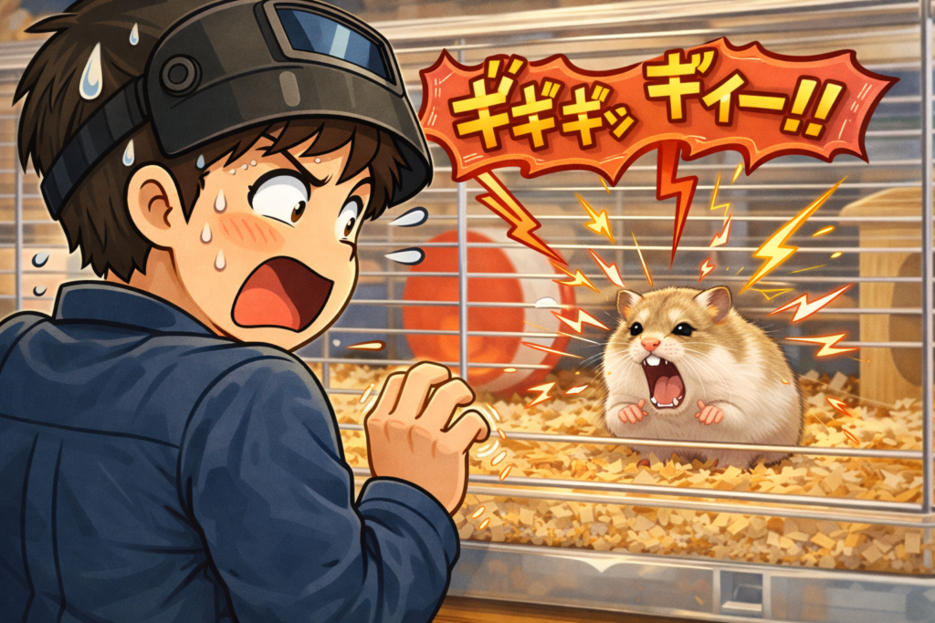 ハムスターを迎えた初日、威嚇されてビビる初心者飼い主のイラスト