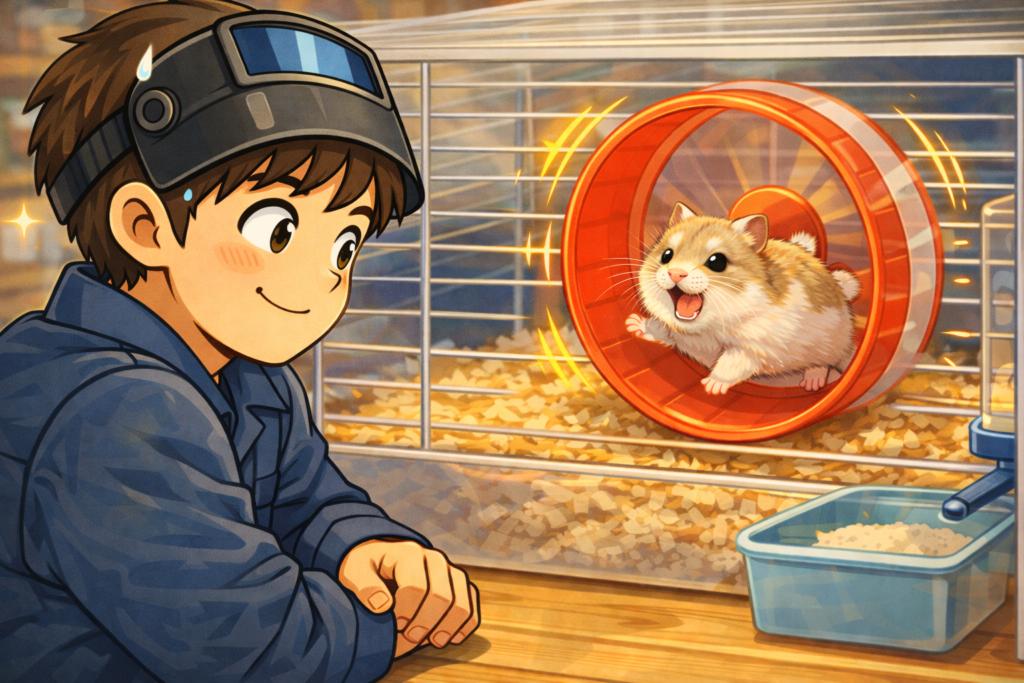 回し車で元気に遊ぶハムスターと安心して見守る飼い主のイラスト