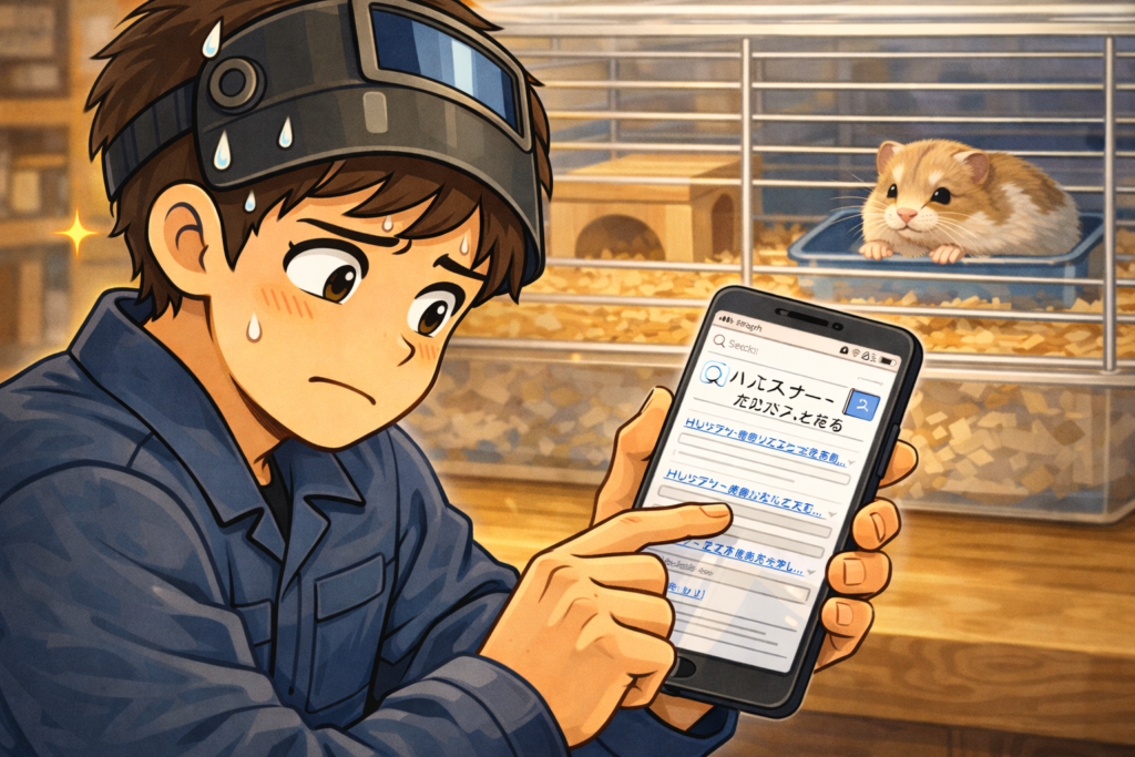 ハムスターの行動が心配でスマホ検索する父親のイラスト