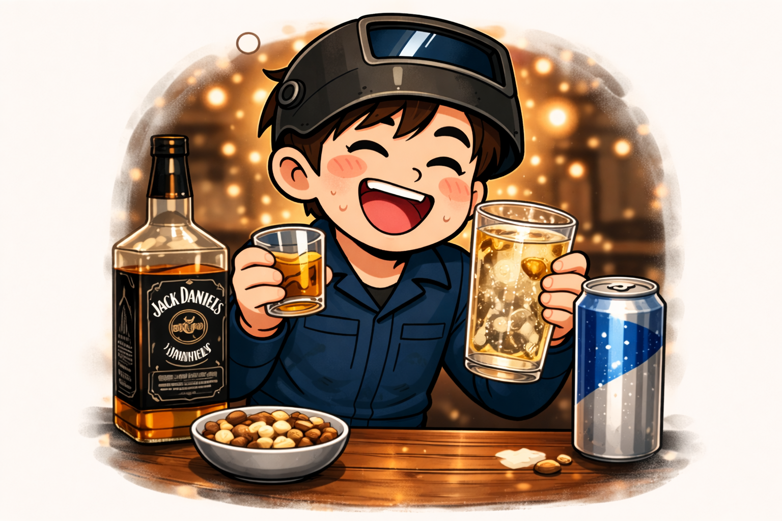 ゆる禁酒中にも関わらず正月にジャックダニエルを炭酸水で飲み過ぎてしまった場面のイメージイラスト