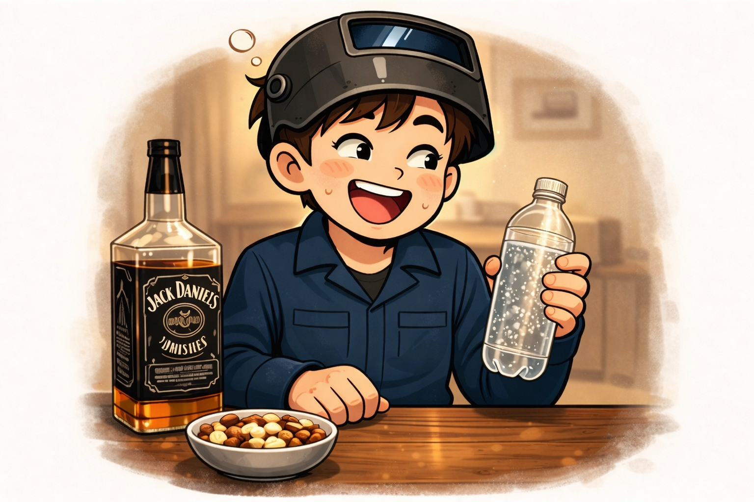 自宅のテーブルで炭酸水のペットボトルを片手に持ち、少し迷いながらも笑っている様子。