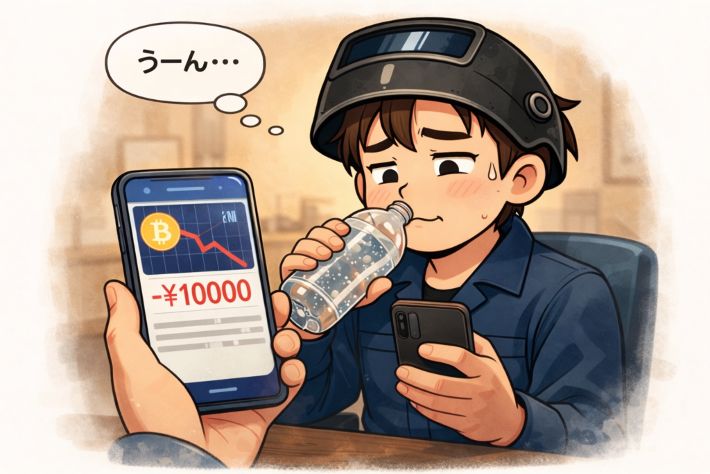 溶接マンが作業着姿で椅子に座り、炭酸水を飲みながらスマホでビットコインの価格を見て「うーん」と悩んでいる表情。