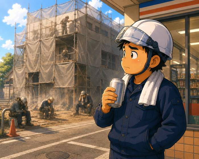 アスベスト解体現場を見る職人