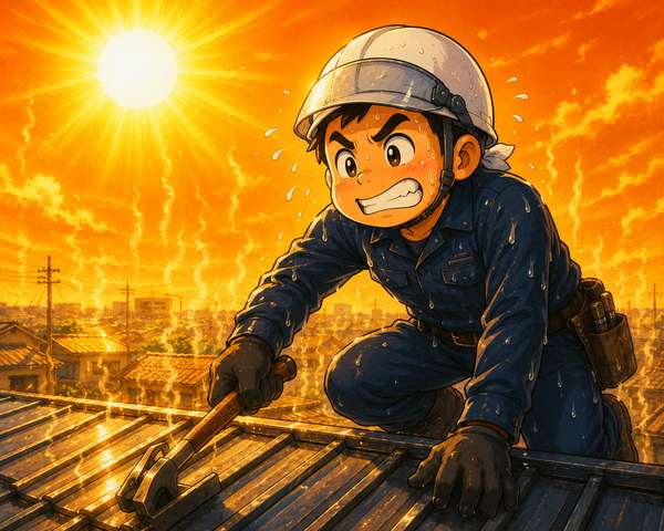 灼熱の屋根の上で作業する職人