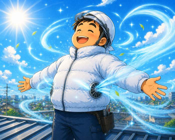 新しい空調服の風に感動する職人