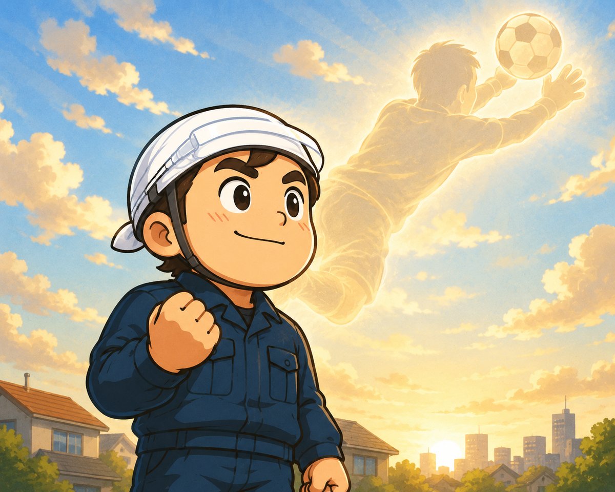 空を見上げて拳を握る職人