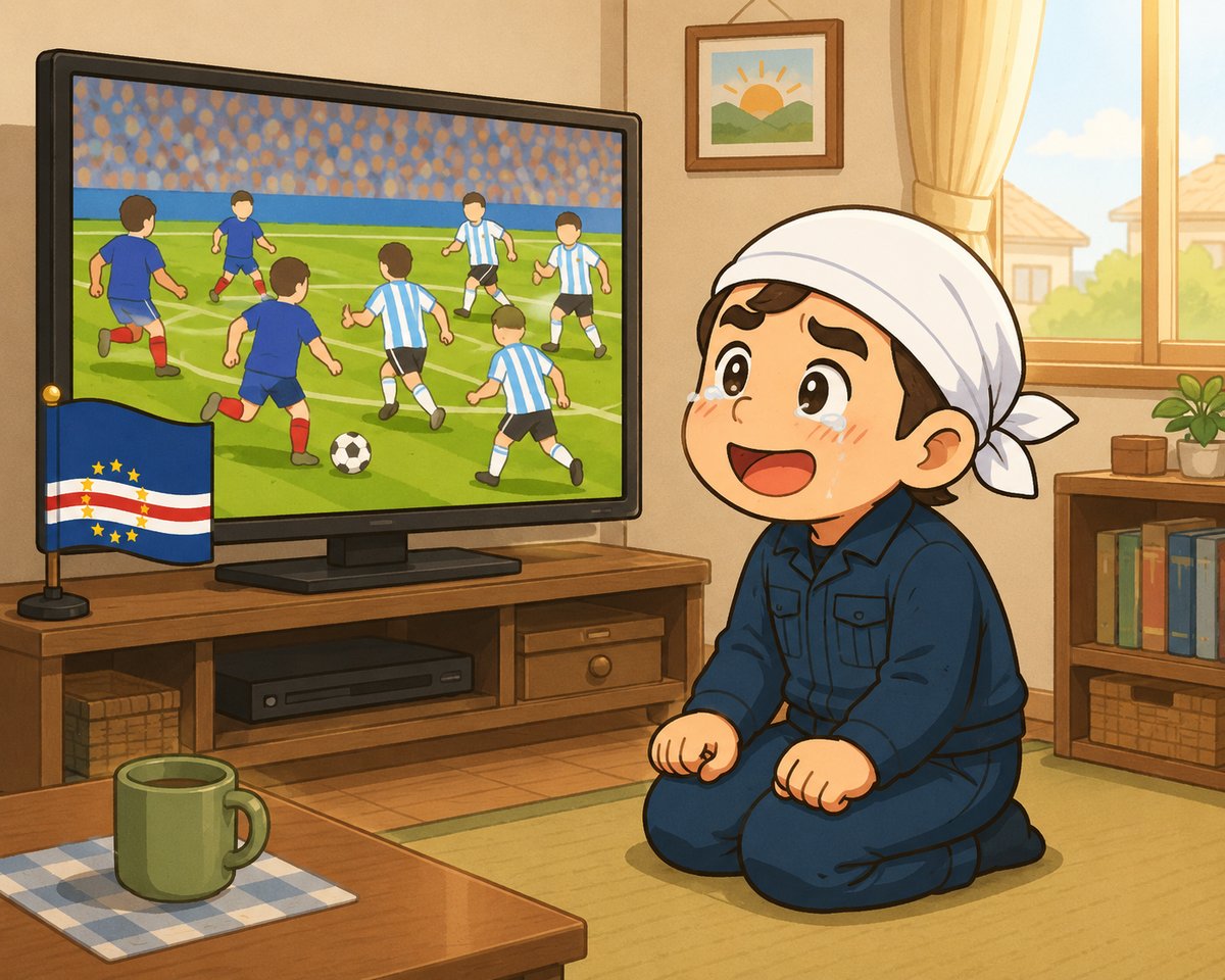 テレビの前で正座してカーボベルデ戦を観る職人