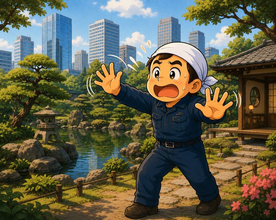 日本庭園で慌てる職人