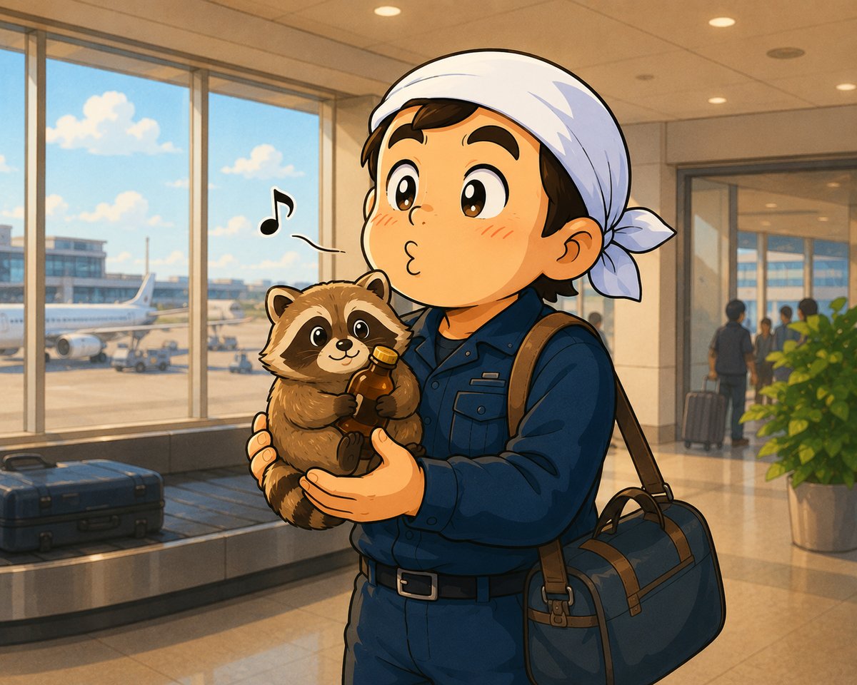 アライグマの置物を抱えて空港に立つ職人