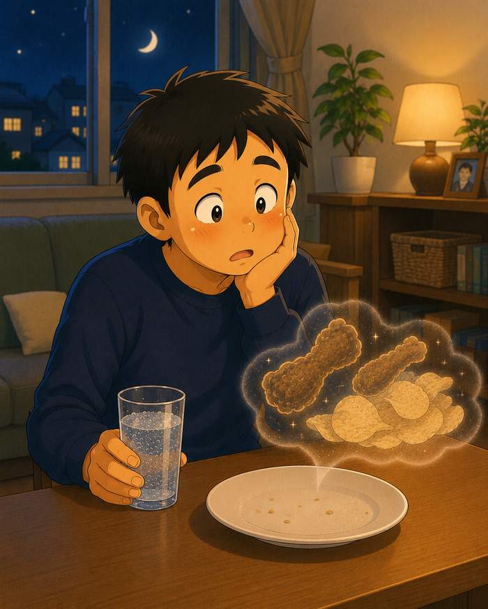 おつまみの幻影を見ながら炭酸水を飲む職人