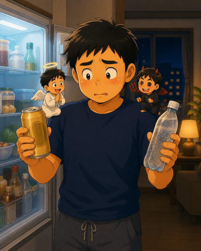 冷蔵庫の前でビールと炭酸水に迷う職人
