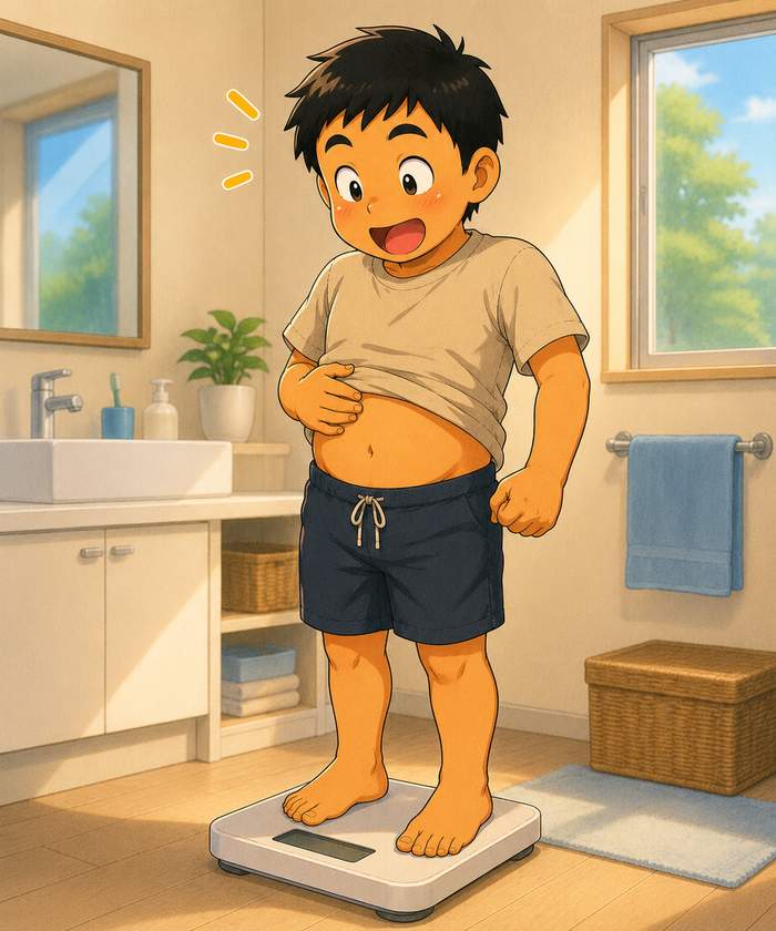 体重計に乗って3kg減に驚く職人
