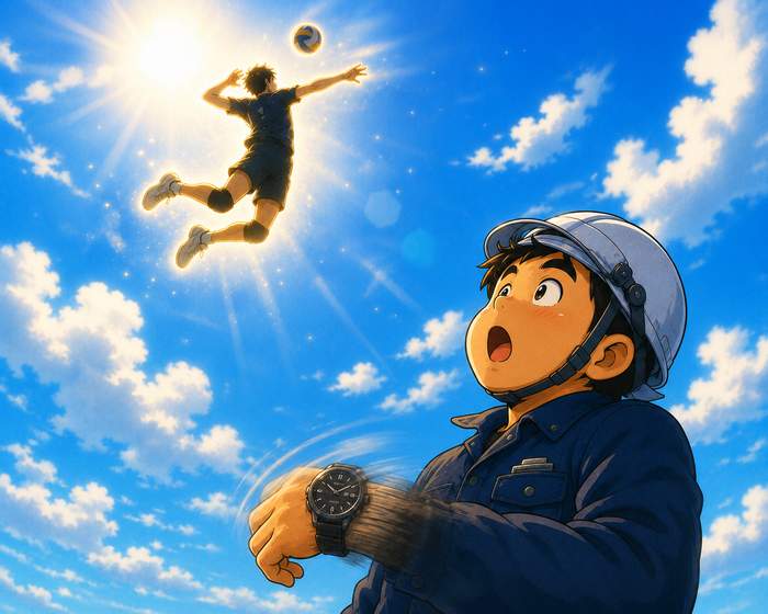 空中で静止する選手を見上げる職人