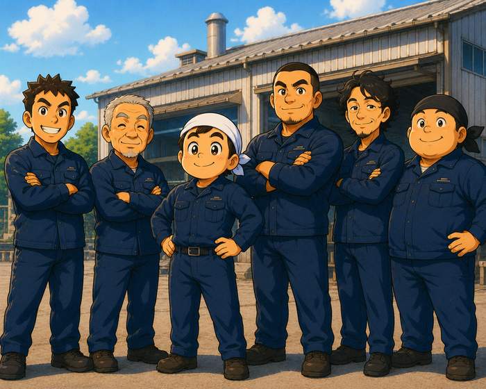 町工場の前に並ぶ6人の作業員