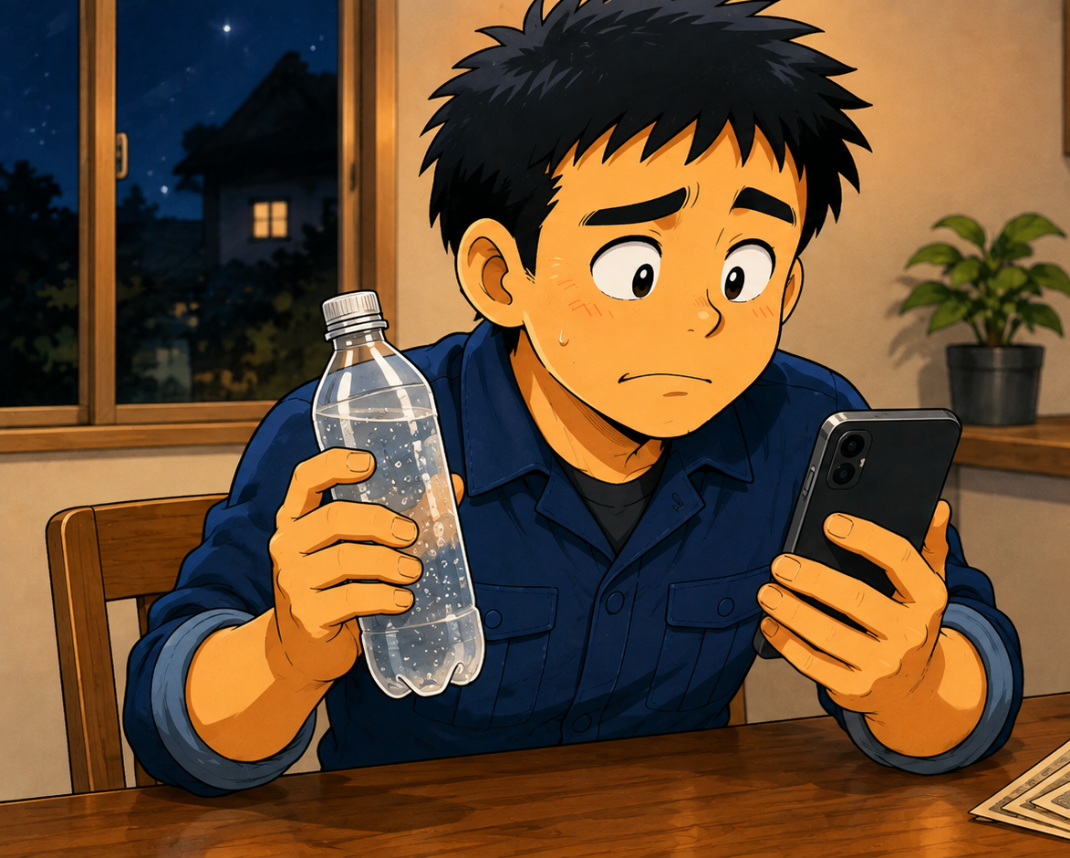 ゆる禁酒で浮いたお金を手に、スマホを見て迷っている職人