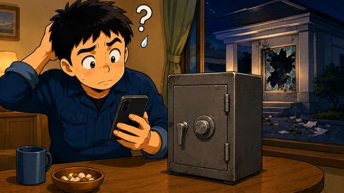 スマホを見て困惑する職人と、無傷の金庫・窓の割れた建物