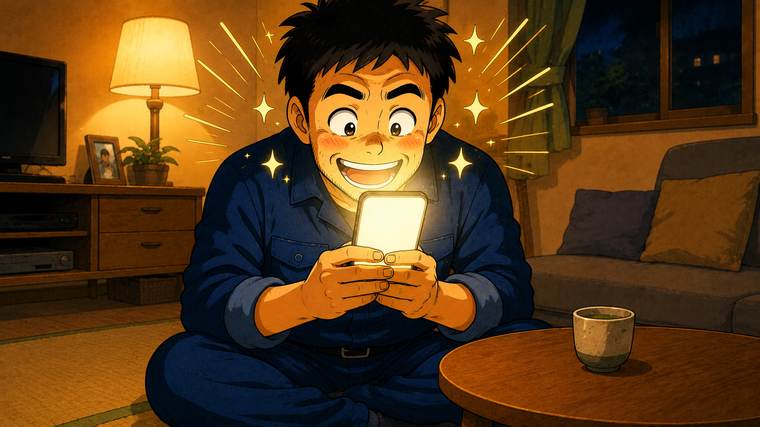 スマホを両手で持って喜ぶ職人