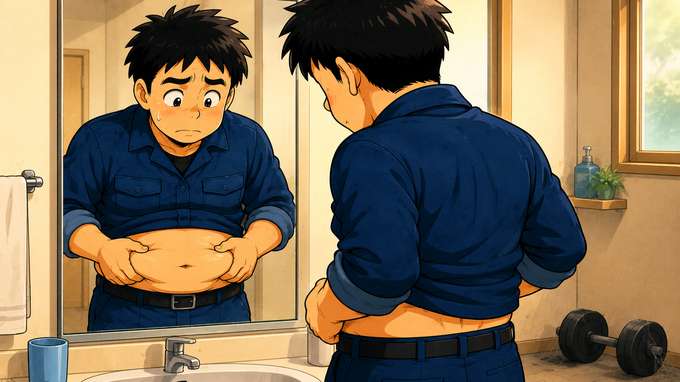 出てきたお腹をつまんで悩む職人と、使われていないダンベル